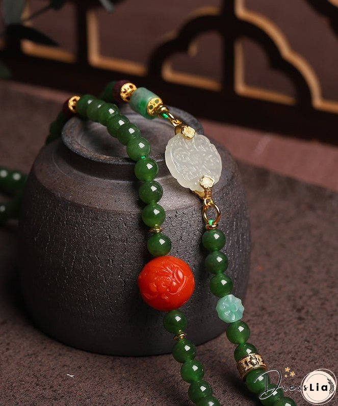 Vintage Green Sterling Silver Overgild Agate Jade Ping Buckle Pendant Necklace