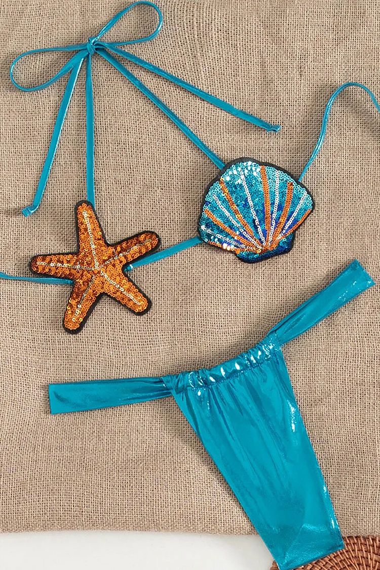 Seashell Design Sequin Halter Tie Up Bikini 2pcs Set-Black
