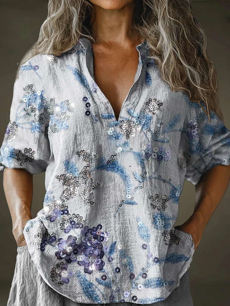 Women's Flower Art Pattern Print Long Sleeve Comfortable Cotton And Linen Shirt