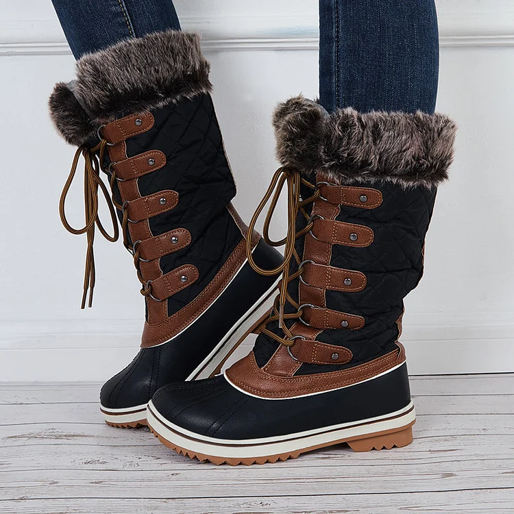 Warm Snow Boots Faux Fur Lined Lace up Mid Calf Winter Duck Boots