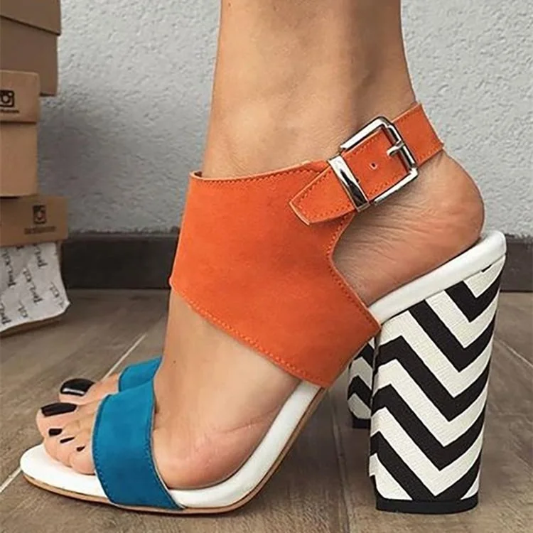 Orange and Blue Slingback Block Heel Sandals |FSJ Shoes