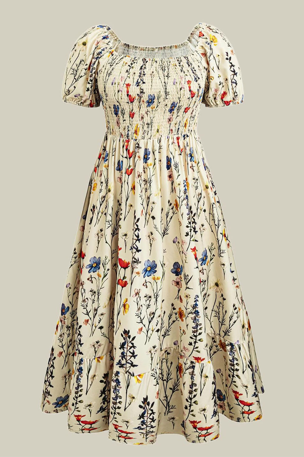 Plus Size Vacation White Floral Print Square Neck Puff Sleeve Smocking Midi Dress 2024 - Flycurvy 