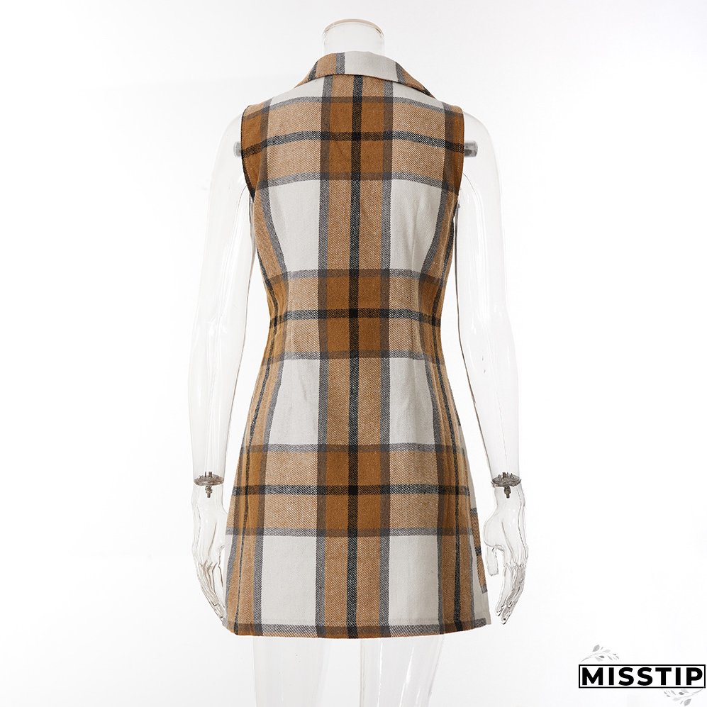Women's Fashion Plaid Long Vest Turndown Collar Sleeveless Blazer