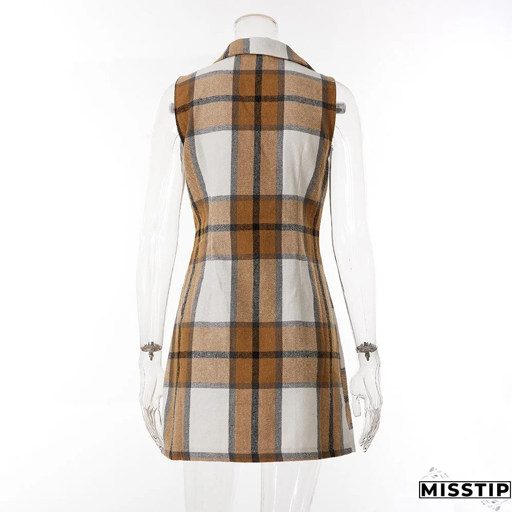 Women's Fashion Plaid Long Vest Turndown Collar Sleeveless Blazer