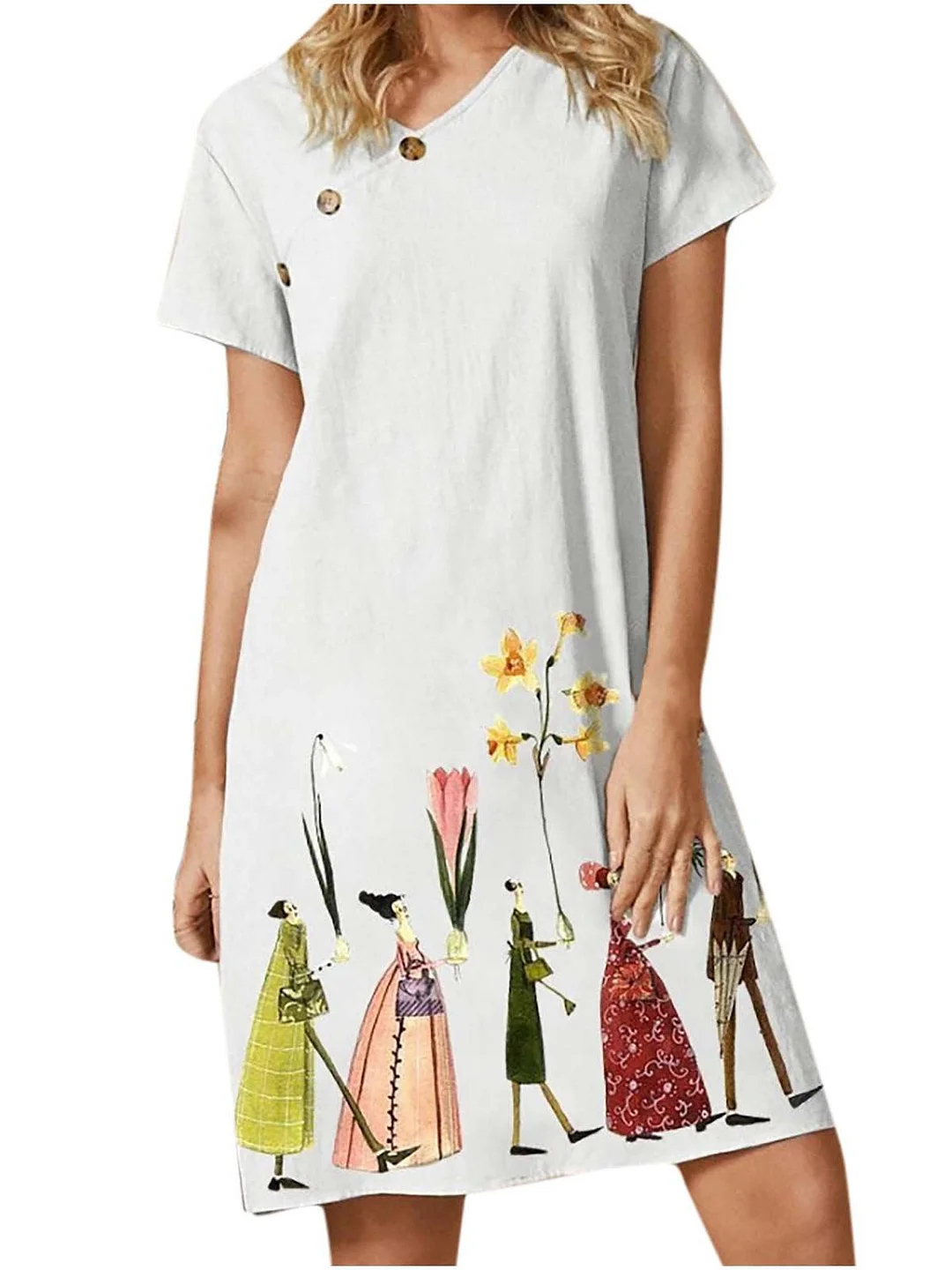 Women's Short Sleeve V-neck Printed Midi Dress