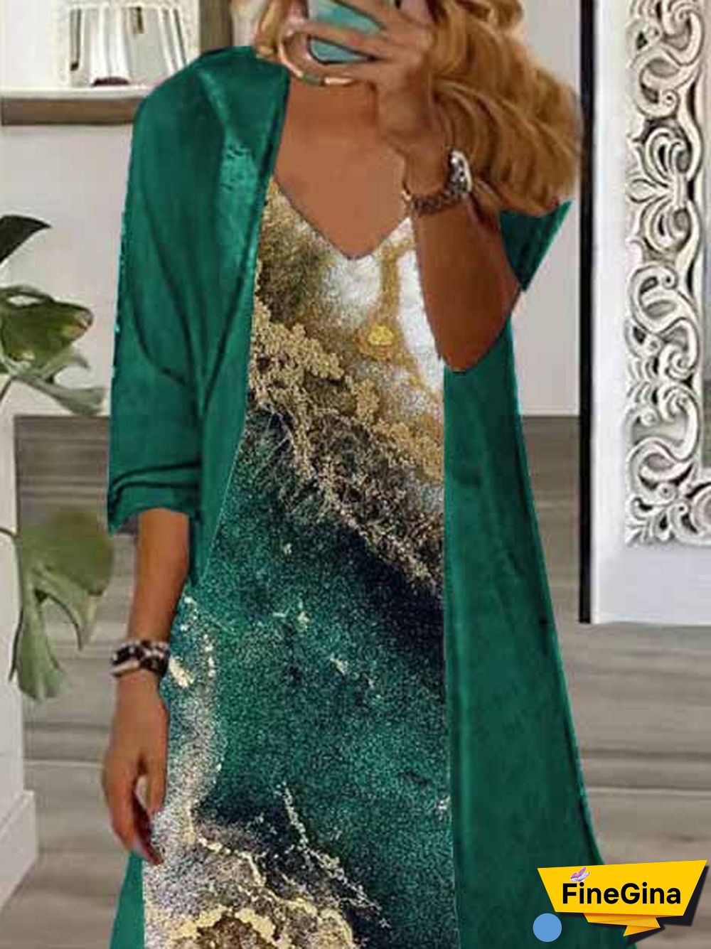 Women's Long Sleeve V-neck Graphic Printed Two Pieces Maxi Dress