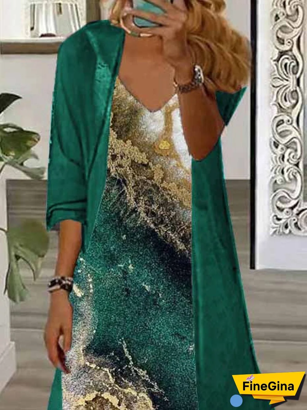 Women's Long Sleeve V-neck Graphic Printed Two Pieces Maxi Dress