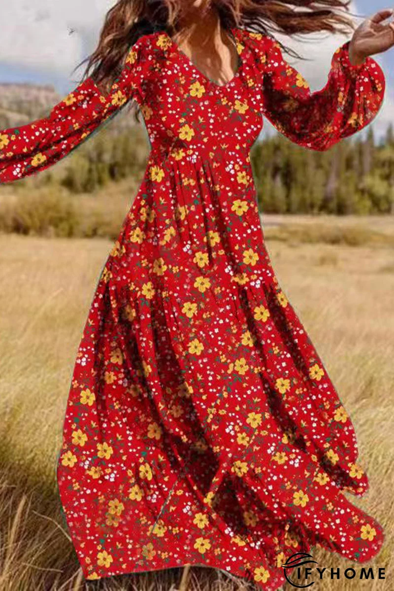 Elegant Floral Patchwork V Neck Printed Dress Dresses | IFYHOME