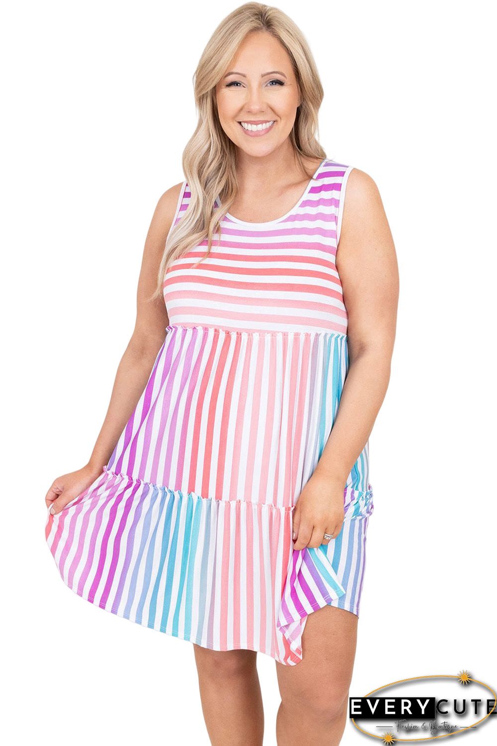 Multicolor Ombre Striped Sleeveless Tiered Plus Size Dress