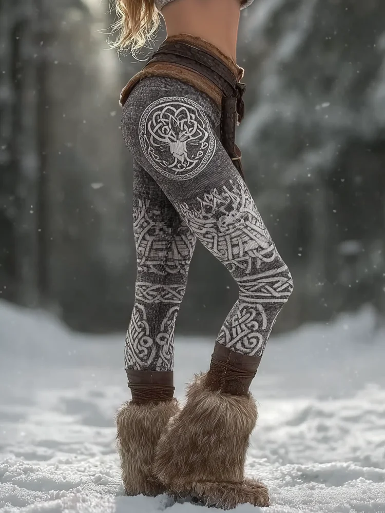 Vintage Viking Celtic Style Deer Pattern Women's Tight-fitting Leggings