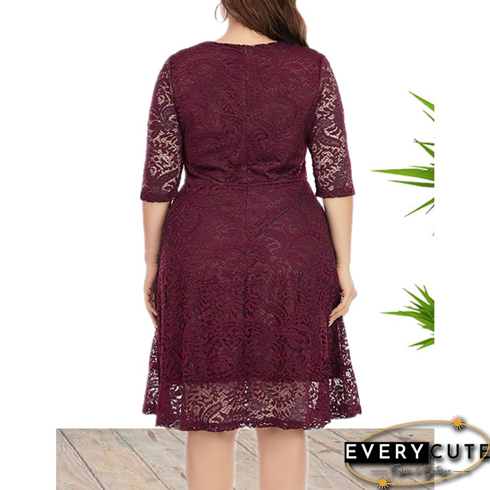 Red 1/2 Sleeve Plus Size Lace Dress