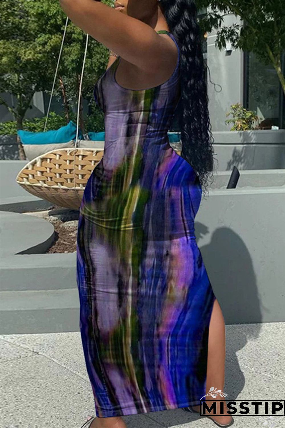 Deep Blue Fashion Sexy Print Tie Dye Slit U Neck Vest Dress