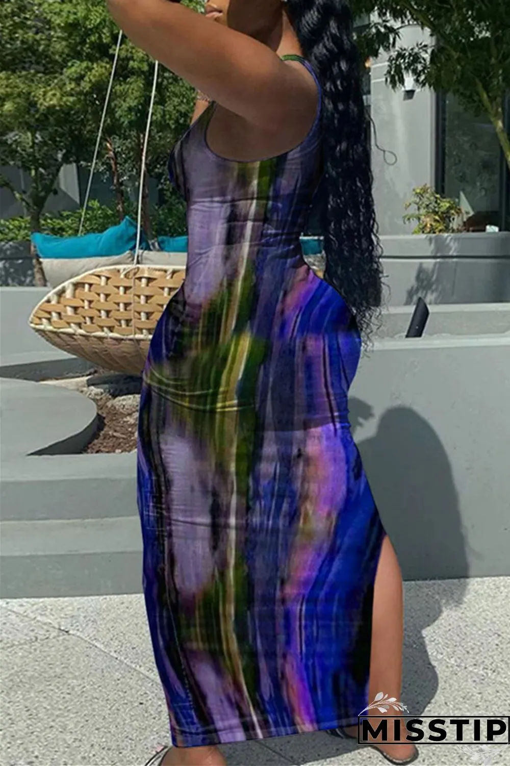 Deep Blue Fashion Sexy Print Tie Dye Slit U Neck Vest Dress
