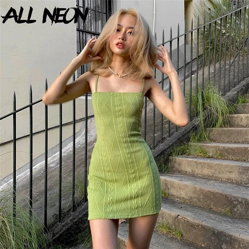 Graduation Gifts  Vintage Green Knitted Mini Dresses 90s Streetwear Twist Bodycon Spaghetti Strap Cami Dress Summer Fashion Sleeveless