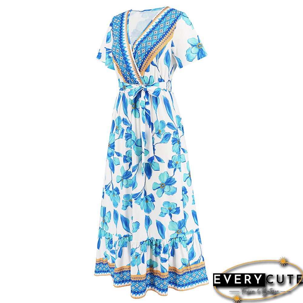 Light Blue Retro Bohemia Print V Neack Beach Dress