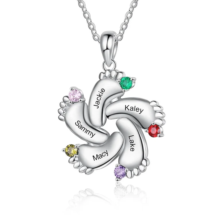 Baby Feet Necklace with 5 Birthstones Engraved 5 Names Family Necklace