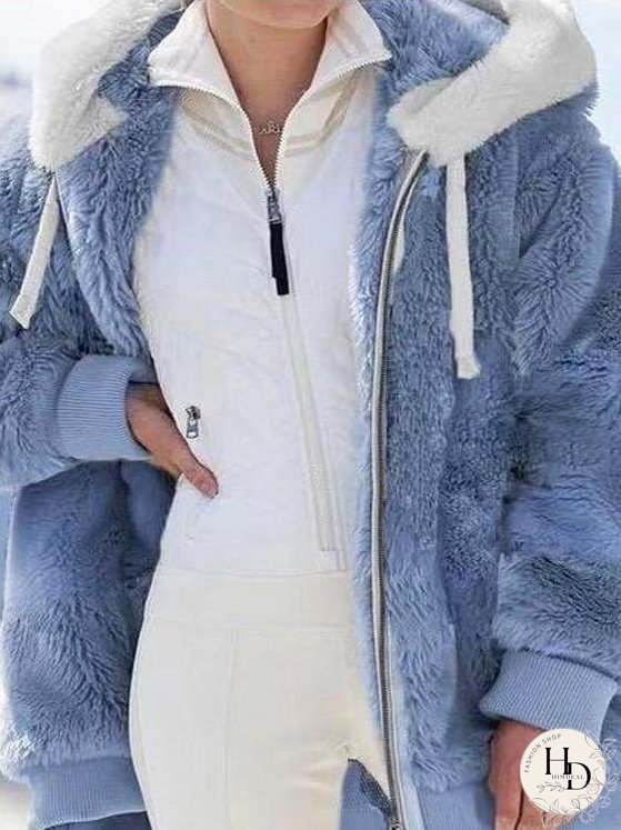 Coats Loose Zipper Hooded Plush Coat for Women