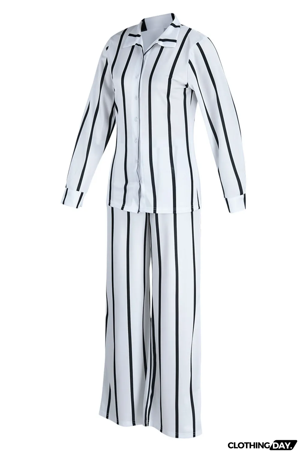 White Casual Striped Print Patchwork Turndown Collar Long Sleeve Two Pieces
