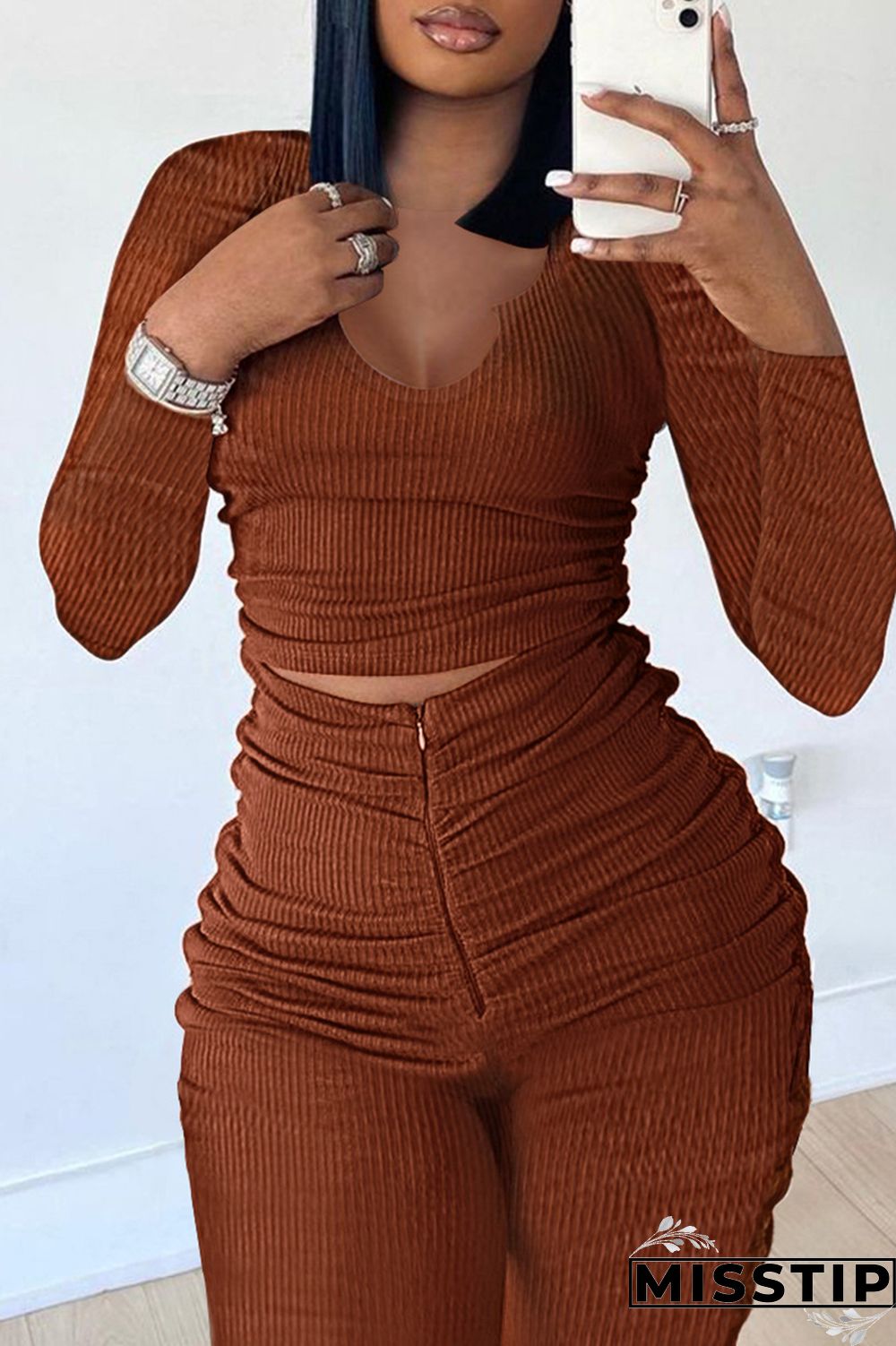 Brownness Fashion Casual Sweet Solid Fold O Neck Long Sleeve Two Pieces