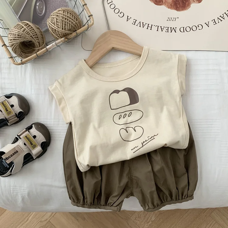 Baby Toddler Boy/Girl Unisex Simple Print Pattern Short Sleeve T-shirt & Solid Color Loose Bloomer Shorts Set