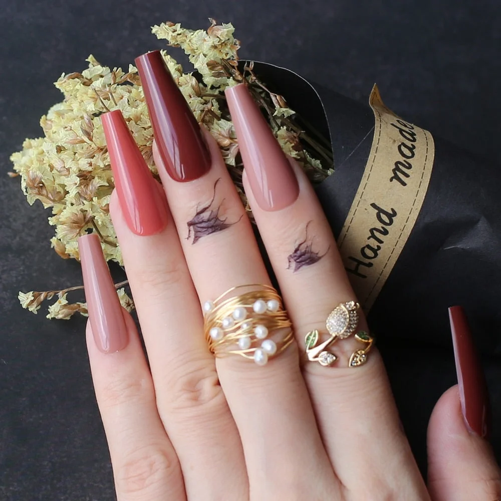 Extra gel Burgundy fasle nails Nude Long Luxury Coffin coffee Acrylic nails salon 24pcs fake nails ballet UV glossy available-Nail Inspo