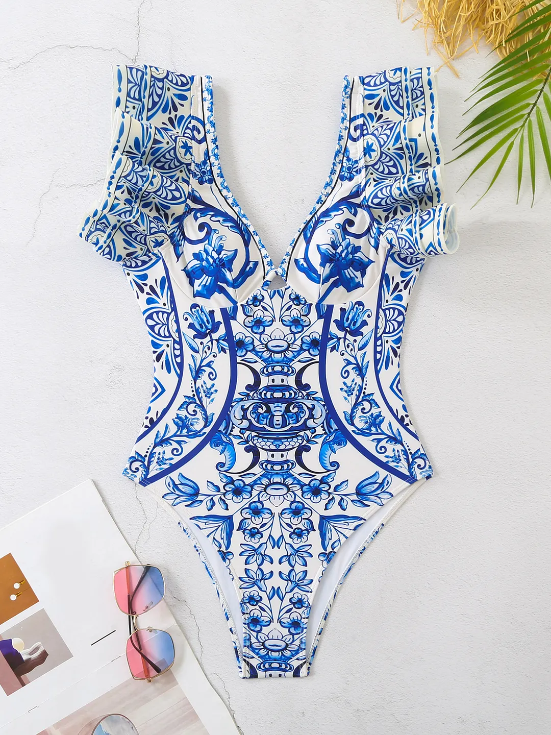 Churchf Shoulder Lotus Side Deep V-Piece Swimsuit Women's Half-Dress Two Sets Of Retro-Print Swimsuit