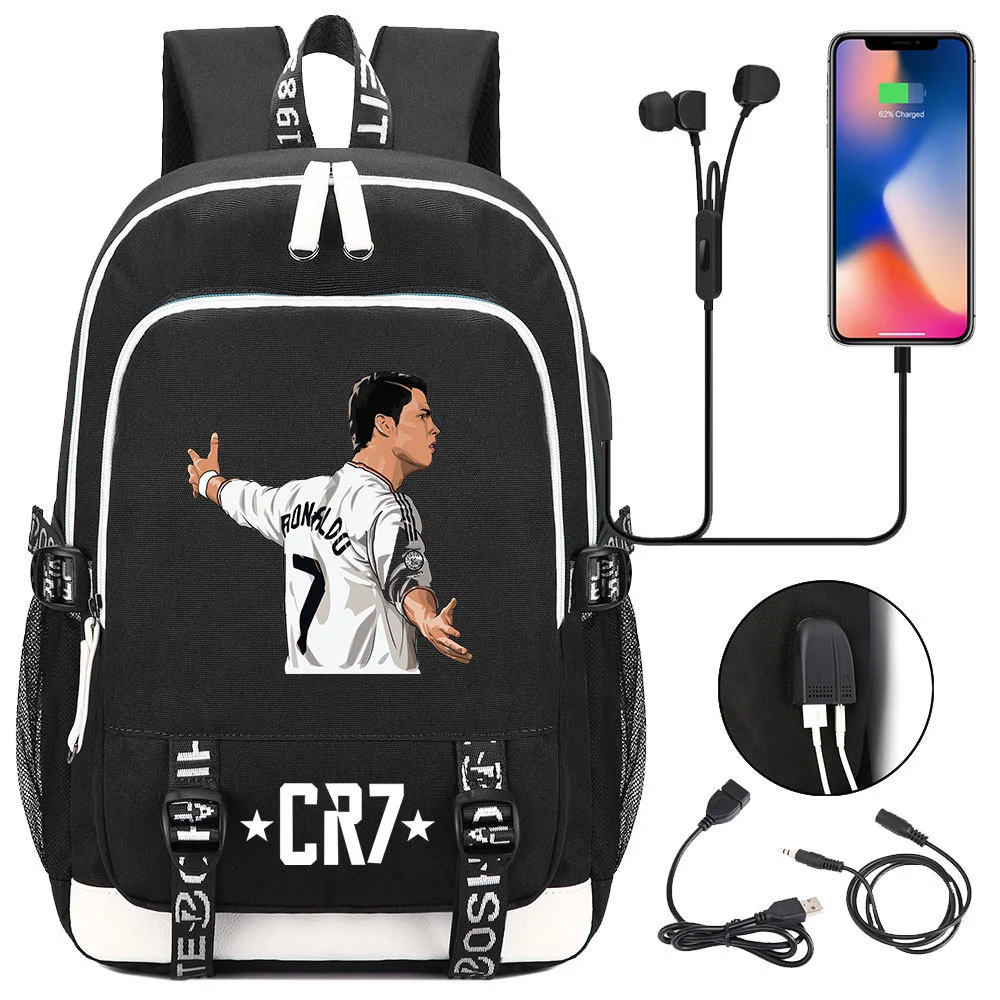 Buzzdaisy Cristiano Ronaldo Printed Backpack with USB Charging Port and Laptop Protection - Multi-Pocket Large Capacity Schoolbag