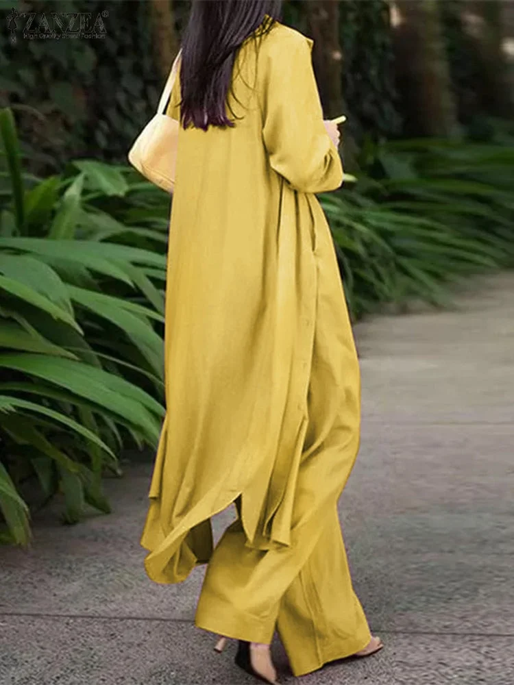 ZANZEA Fashion Long Sleeve Shirt 2PCS Women Suits Autumn Matching Sets Solid Loose Pant Sets Casual Wide Leg Trousers Oversized