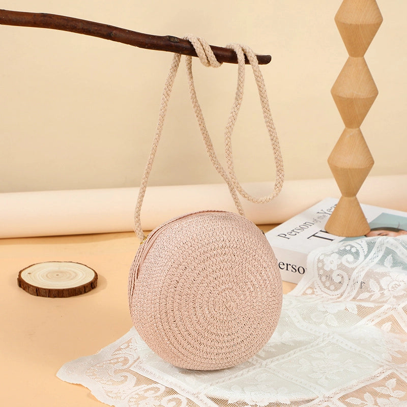 Girl’S Straw Solid Color Cute Round Zipper Shoulder Bag