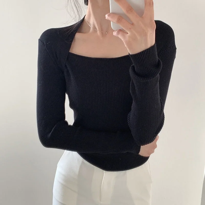 ABEBEY Autumn Winter Basic Bottoming Knit Top Women 2023 Long Sleeve  Square Collar Slim Casual Knitted Pullovers Elegant Knitwear