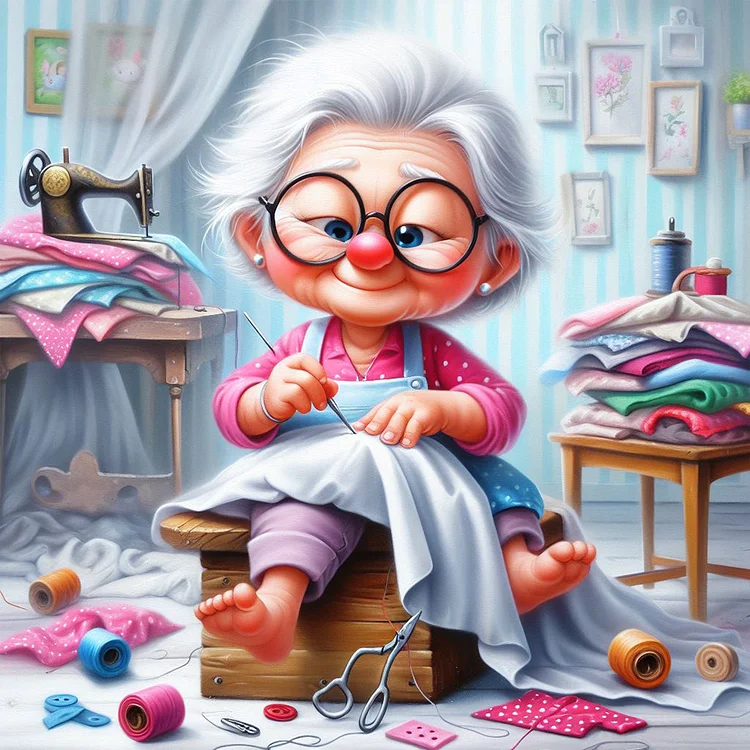 Old Lady With Sewing Machine 30*30CM (Canvas) Full Round Drill Diamond Painting gbfke
