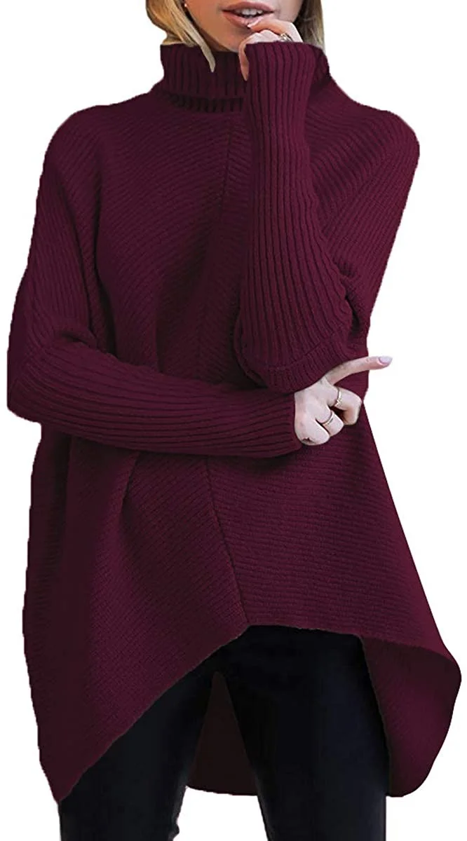 Wongn Wongn Winter Women Irregular Hem High Collar Jumper Long Sleeve Knit Sweater Woman