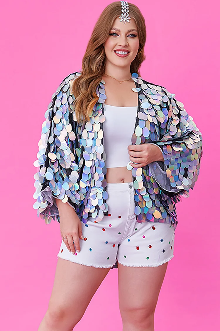 Xpluswear Design Plus Size Silver Party Round Sequin Kimono Cardigans 