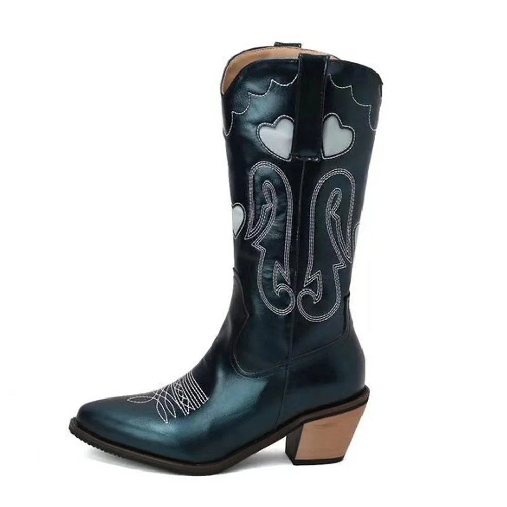 Green Snip Toe Mid Calf Embroidered Pull On Women's Western Boots