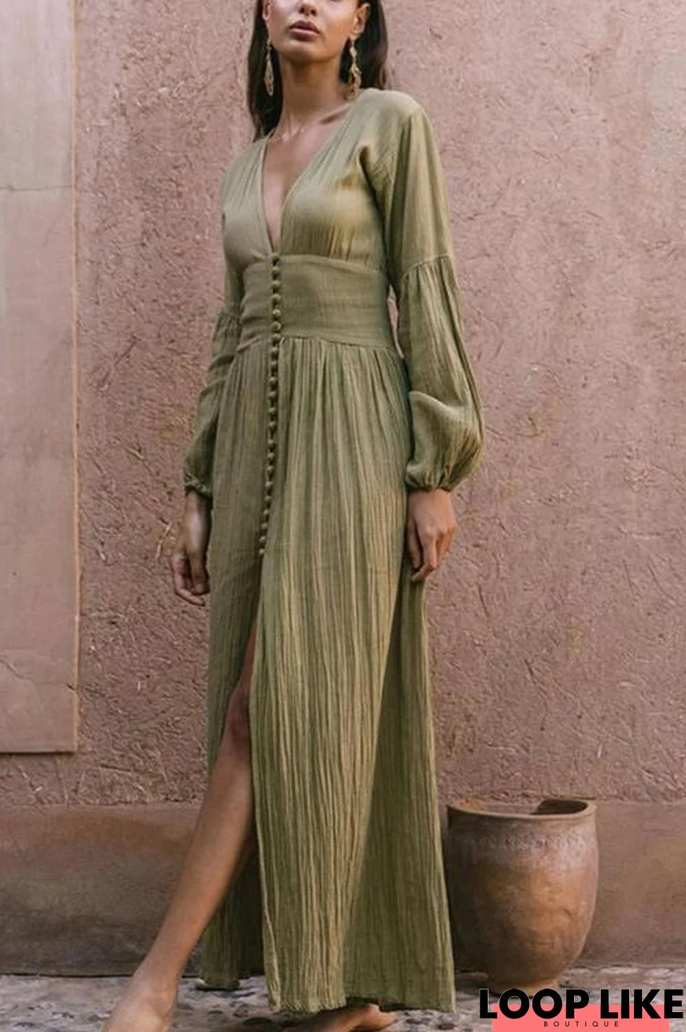 Button Deep V Long Sleeve Corset Maxi Dress