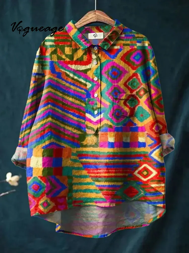 Women's Vintage Flower Art Print Casual Cotton And Linen Shirt