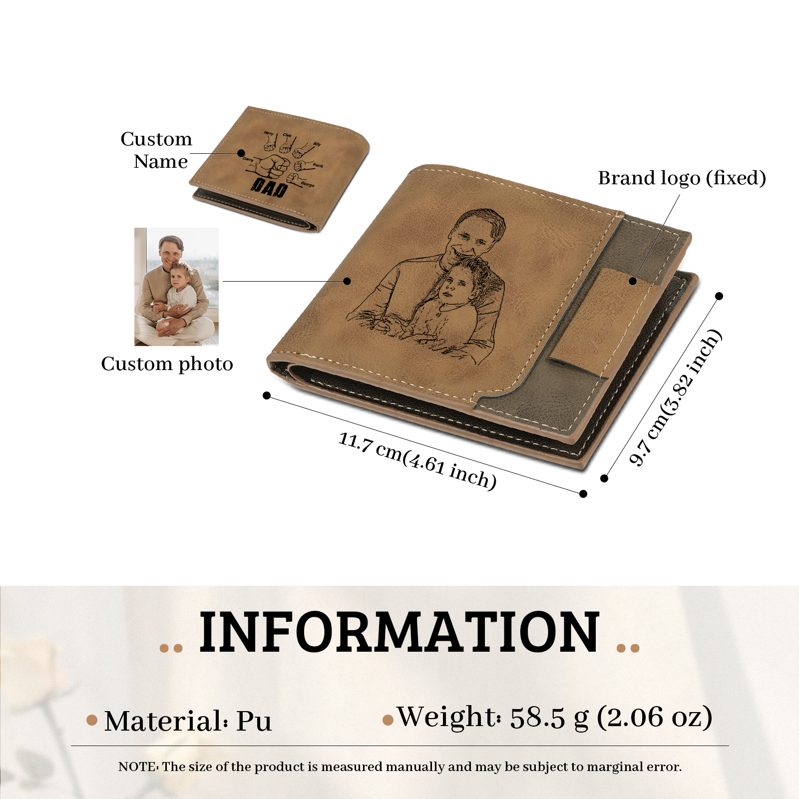 6 Names - Personalised Photo Custom Leather Men's Wallet as a Father's Day Gift for Dad
