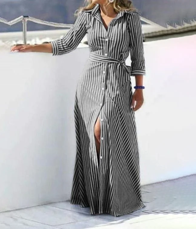 Elegant Cotton and Linen Striped Cardigan Dress