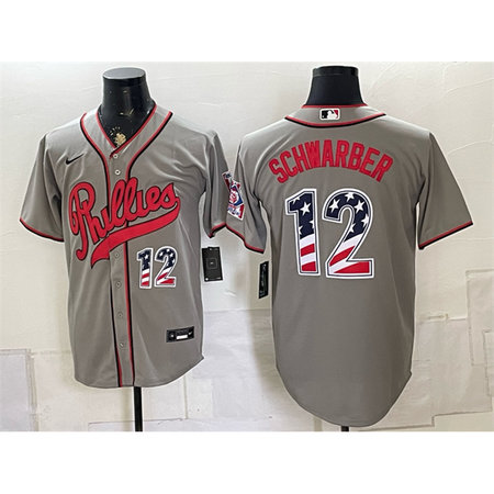 Men's Philadelphia Phillies #12 Kyle Schwarber Gray 2026 Field of Dreams USA 250 Fourth of July Stadium Jersey