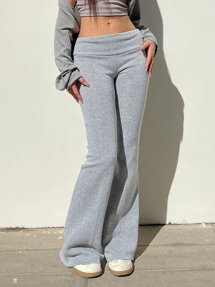 Aiertu Gray Slim Low Waist Casual Sweatpants For Women Black Solid Simple Basic Flared Pants Sports Jogging Trousers Aiertu