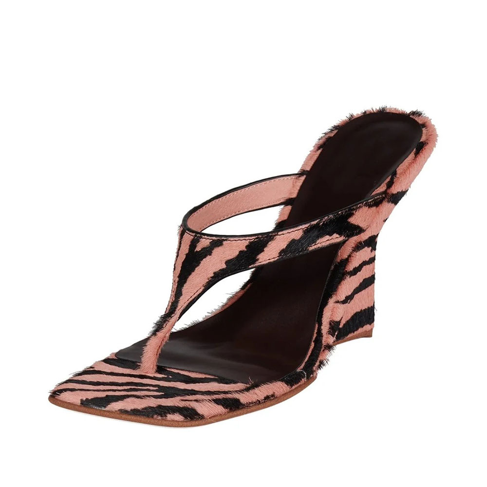 Pink & Black Zebra Pattern Square Toe Flip Flop Wedge Sandals Nicepairs