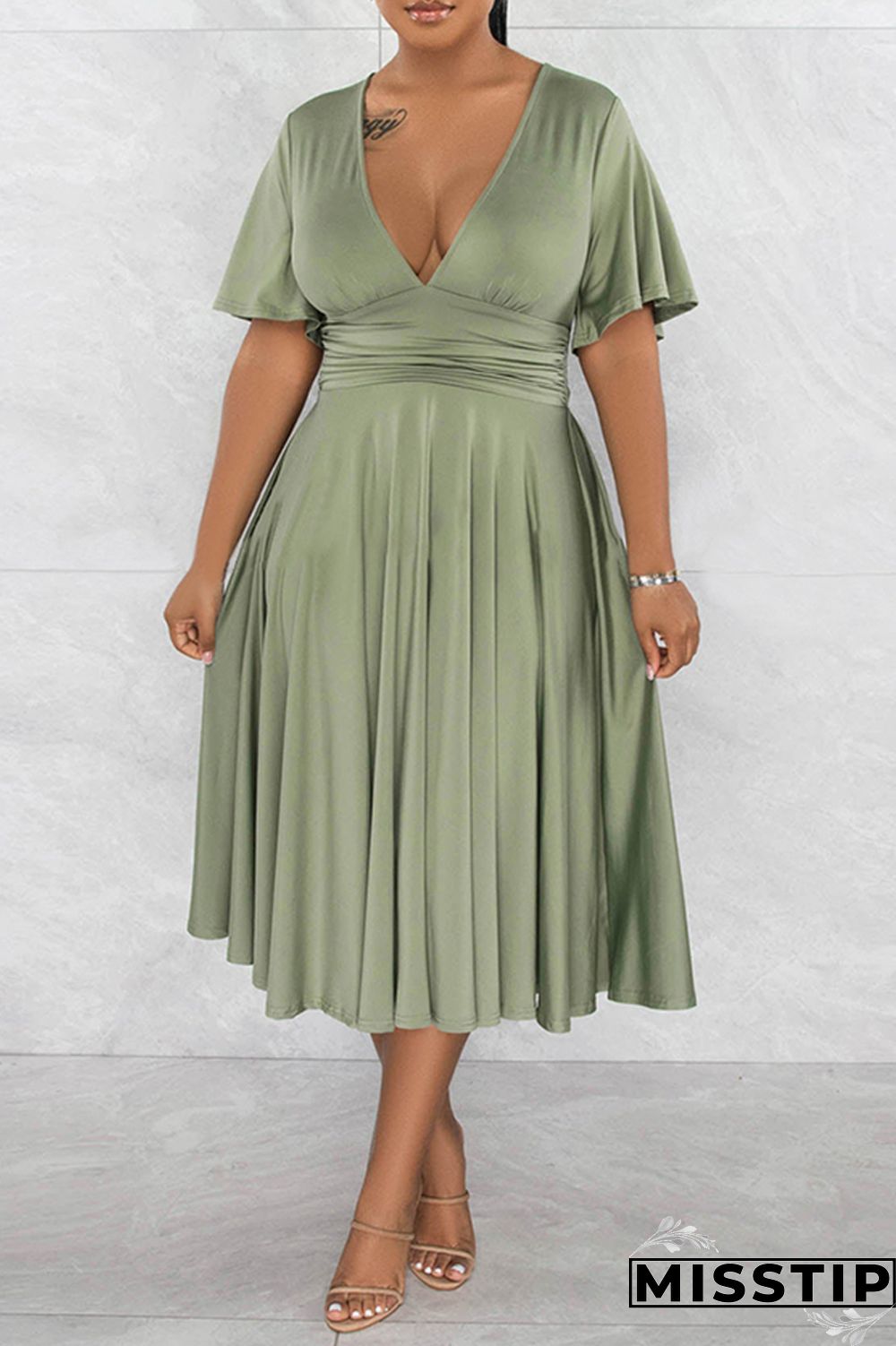 Black Casual Solid Patchwork V Neck Short Sleeve Dress