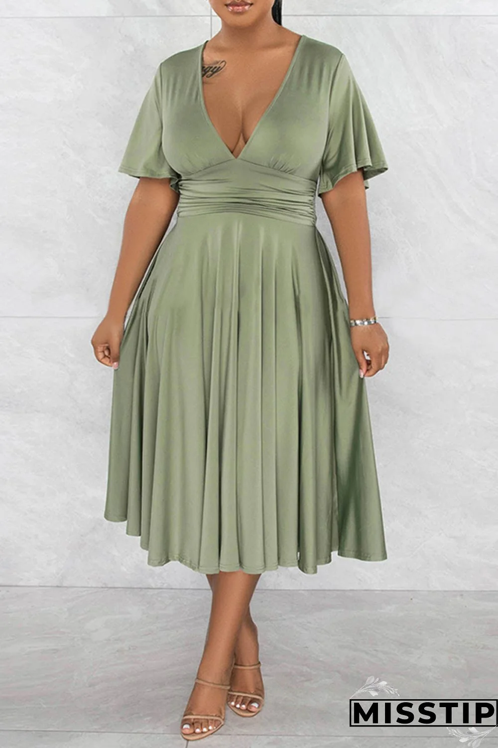 Black Casual Solid Patchwork V Neck Short Sleeve Dress