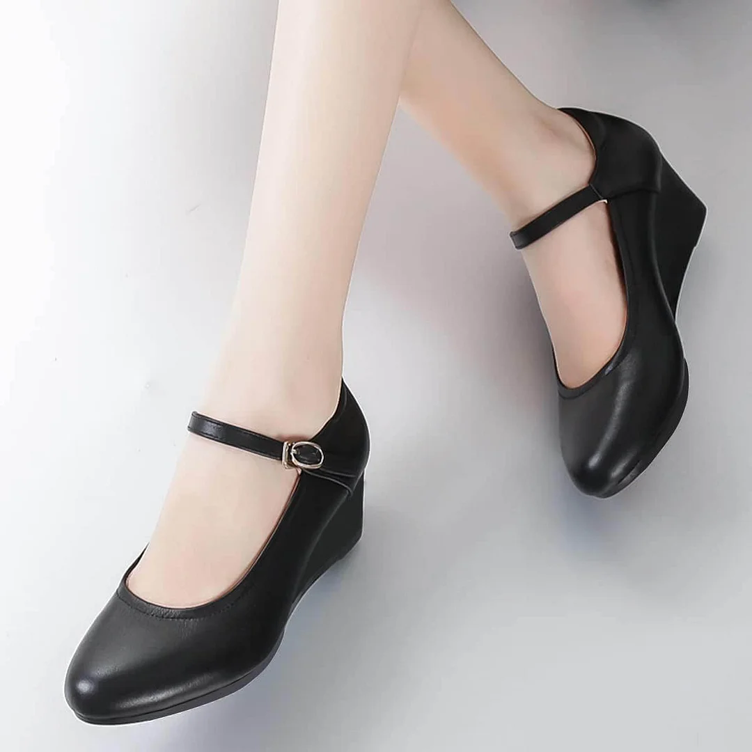 Women's Black Vegan Leather Round Toe Buckle Vamp Strap Wedge Pumps