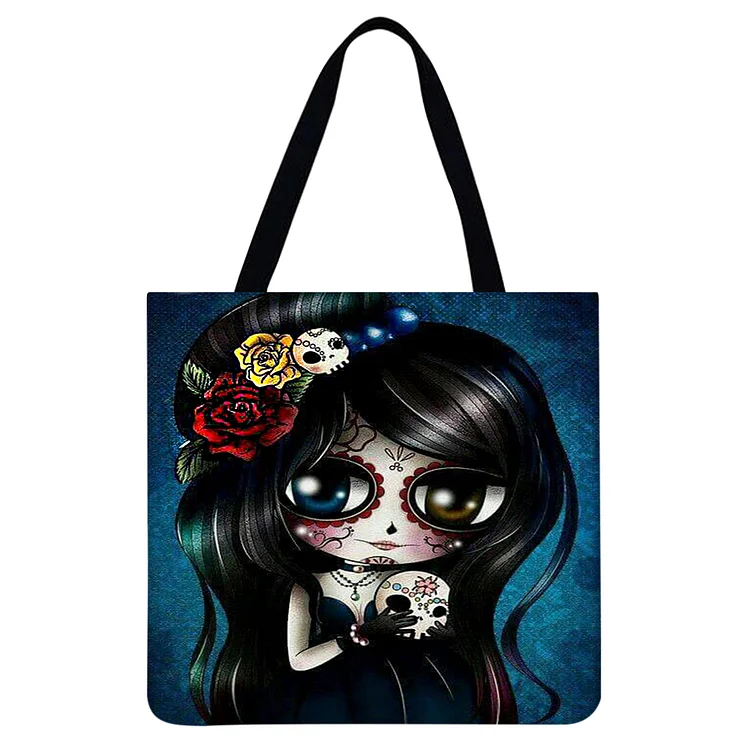 Cartoon Skull Girl - Linen Tote Bag
