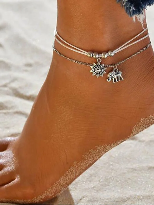 Ankle Bracelet Stylish Simple Women's Body Jewelry For Daily Holiday Layered Alloy Elephant Sun Silver 1pcs socialshop