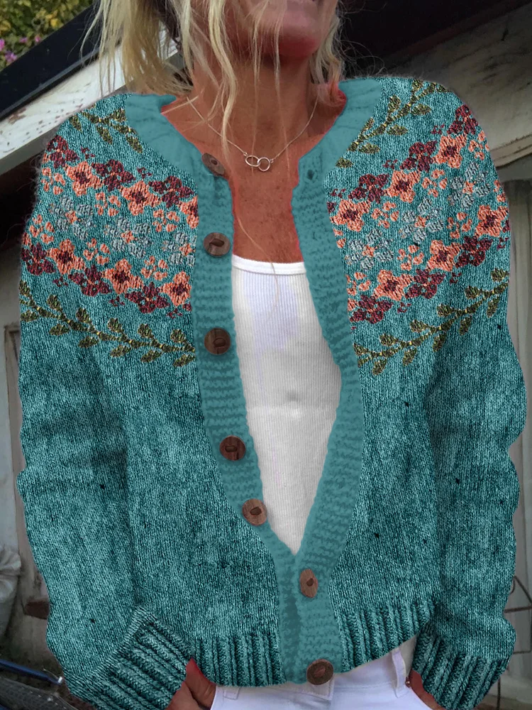 Vintage Icelandic Floral Art Print Cozy Button Sweater