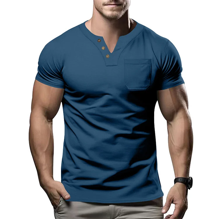 Casual Slim Solid Color V-Neck Pocket Men's Half-Sleeve T-Shirt