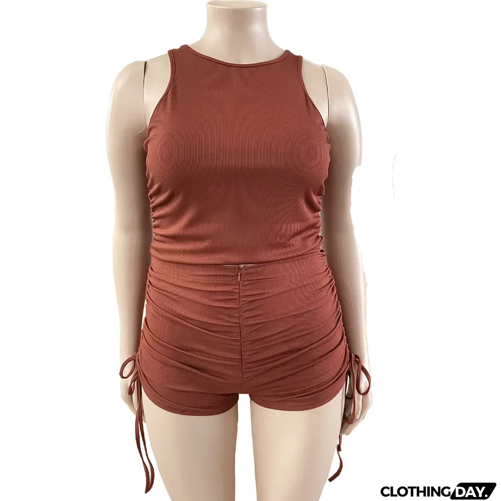 Plus Size Women's Tank Top Pleated Casual Shorts Two Piece Set