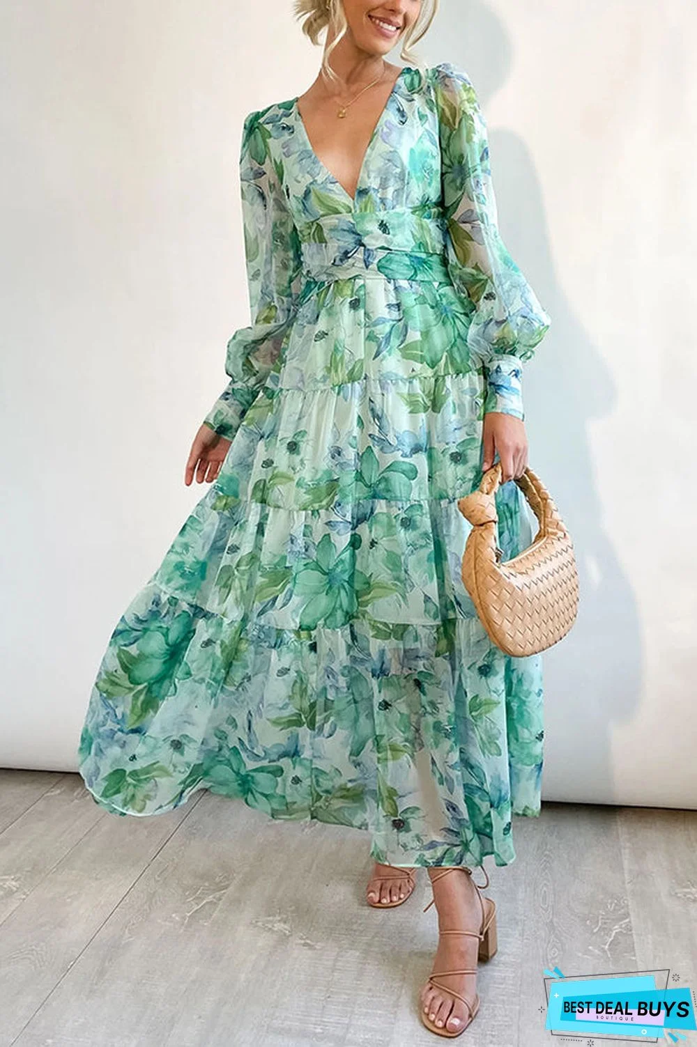 Olena Abstract Floral Balloon Sleeves Maxi Dress